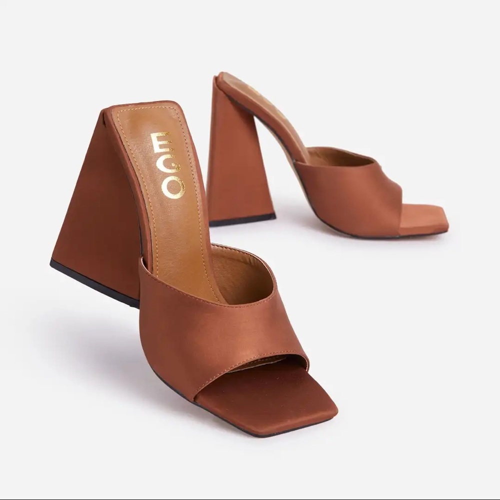 SOLD Square open toe sculptured flared block heel mule in brown satin